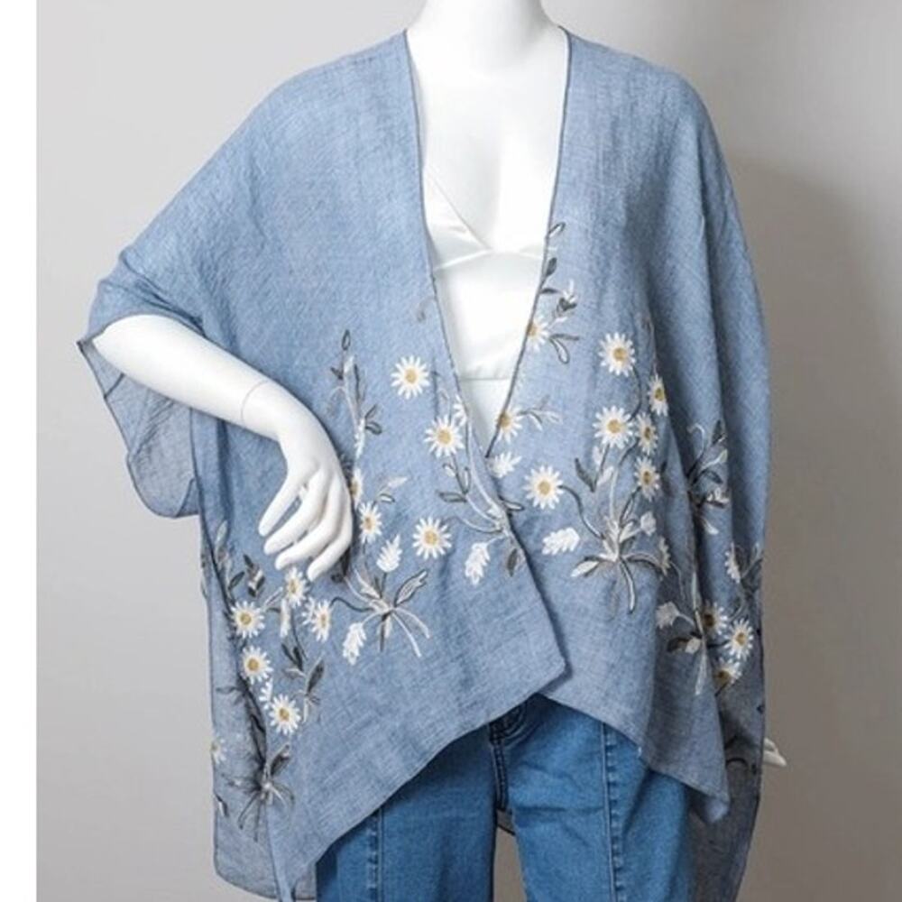 Embroidered Spring Daisy Woven Kimono Wrap Shawl Boho Floral Blue Chambray